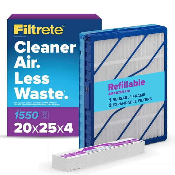 Filtrete 20x25x4 Refillable Air Filter Kit, MPR 1550 MERV 12, Ultra Allergen Reduction, 1 Reusable Frame with 2 HVAC Filters