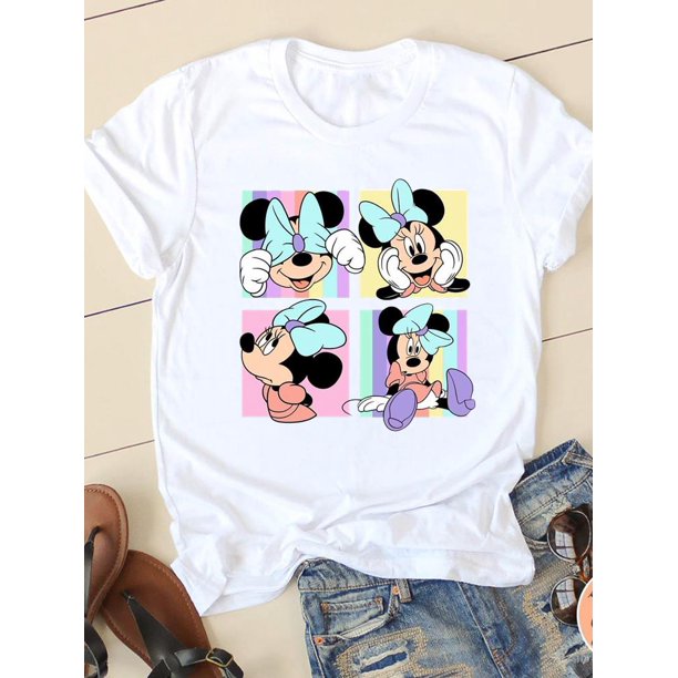 Disney Cartoon Tee Shirt Mickey Mouse Women Short Sleeve Summer Spring Print Clothing Casual Fashion Graphic T-shirtsL Gao Jinjia LED