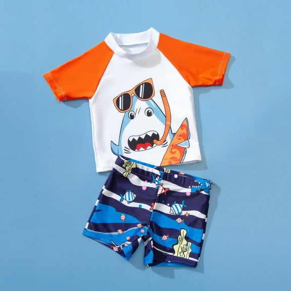 Kids Swimsuits Kids Toddler Boys Girls Cartoon Shark Prints Short Sleeve Bathing Suit Sun Protection Quick Dry Swimwear 2Pcs Set Boys Swimsuit Orange 12 Months-18 Months