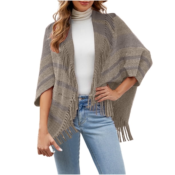 Chaquetas y abrigos casuales de manga larga sin capucha para mujer, cárdigan informal de punto a rayas de manga larga, abrigo con flecos abrigado.