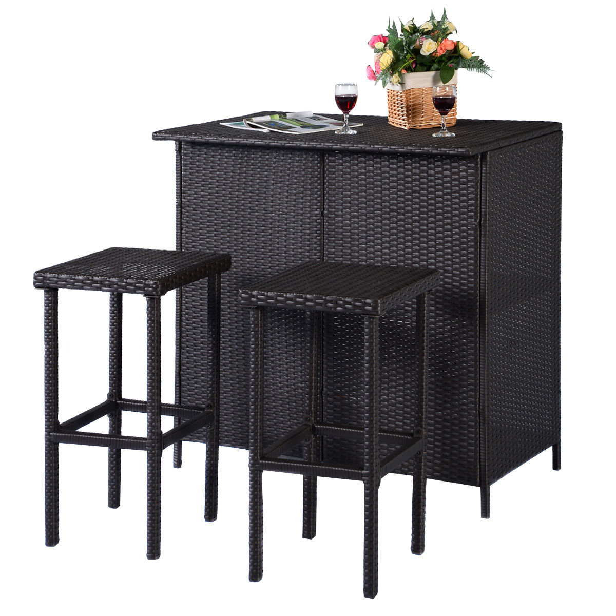 GHP 3-Pcs Plastic & Rattan Wicker Bar Stools & Bar Table with Shelf