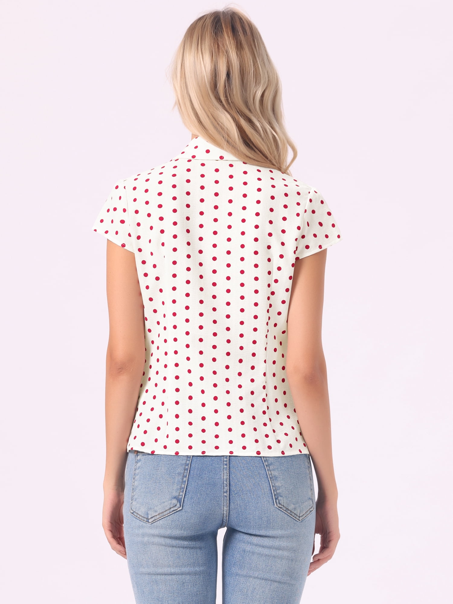 DARING DIVA Women's Polka Dots Shirt Retro Short Sleeve Button Up Top S White Red