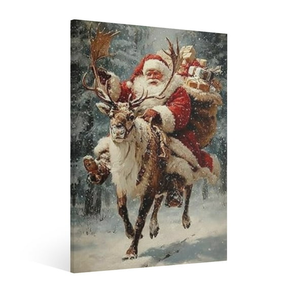 Vintage Christmas Winter Forest Snow Scenery Santa Claus and Reindeer Wall Art Paint Framed - Xmas Festive Winter Holiday Christmas Wall Decor Canvas Print for Living Room Kitchen Home Bedroom Decor