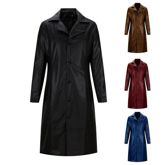 Long Winter Coats for Men Double Breasted Trench Coat Collar Faux Leather Warm Overcoat