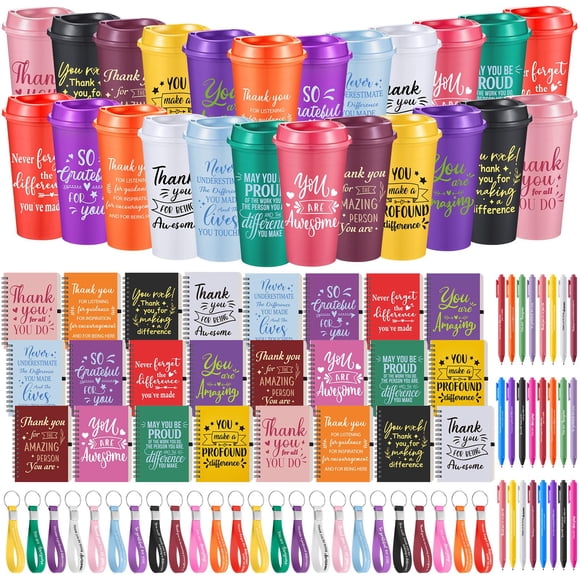 Skylety 24 Set Employee Appreciation Gifts Bulk Thank You Inspirational Gift Set 16 oz Coffee Cups with Thank You Notebook Pen Keychain for Staff Tea