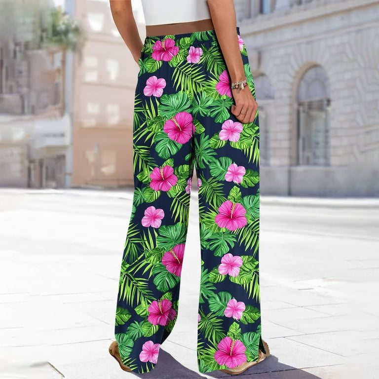 Sakmal Wide Leg Womens Pants Tropical Flowy Beach Palazzo Hawaiian