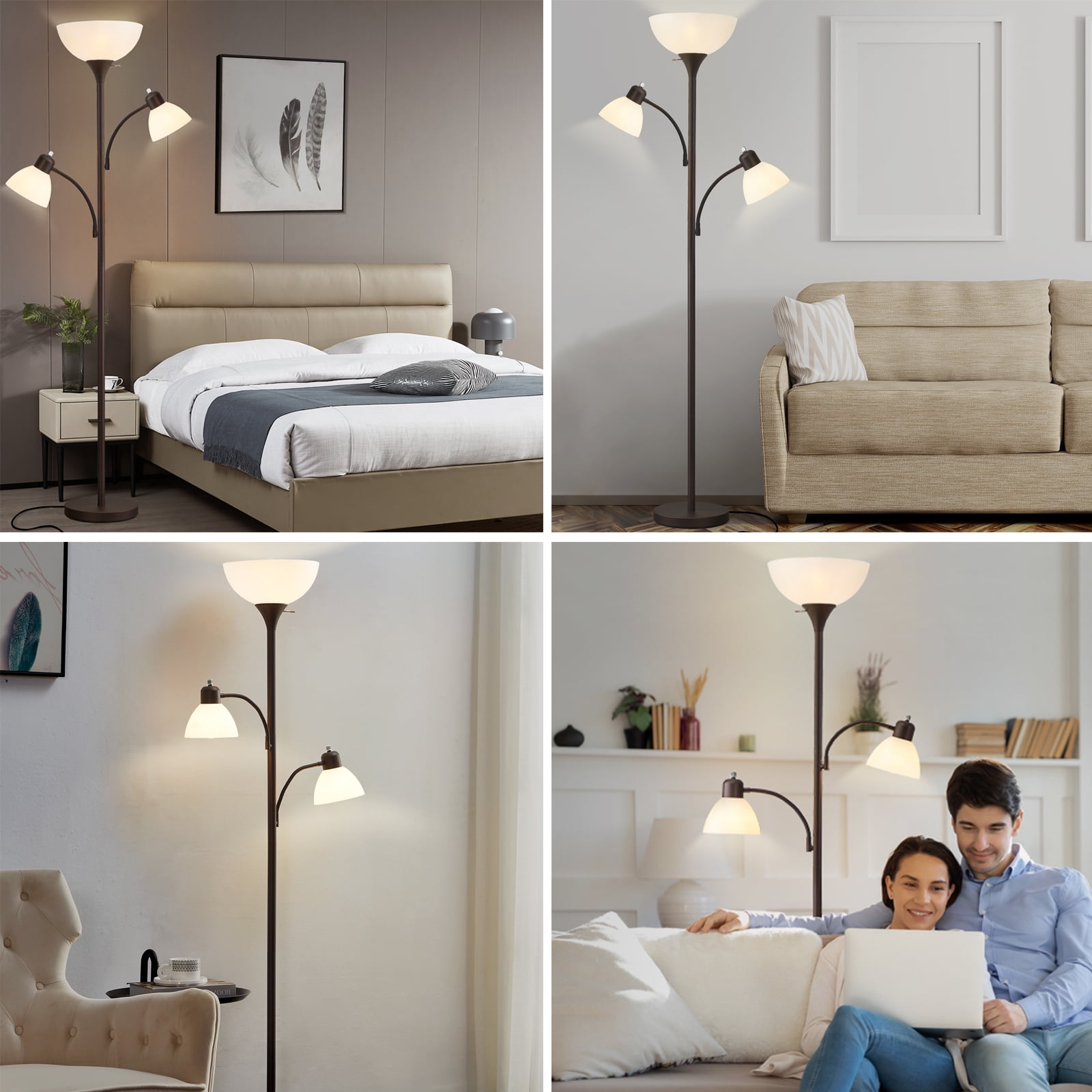 NATYSWAN Torchiere Floor Lamps for Living Room with 2 Reading Lamps, Modern Tall Standing Lamps, Industrial Bright Floor Lamp for Bedroom, Office, Dresser, 3 LED Bulbs Included