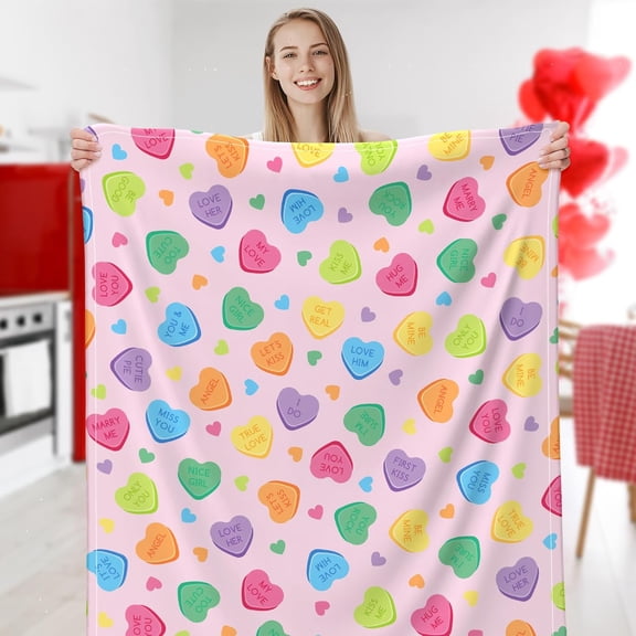Valentine''s Day Fuzzy Blanket Conversation Heart Throw Blanket Candy Love Heart Pink Soft Cozy Flannel Blanket for Party Home Bed Sofa Couch Chair, 50 x 60 Inch