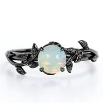 JeenMata Nature Inspired Design - 0.50 Carat Round Shape Opal - Prong Setting Engagement Ring - 18K Black Gold Plating Over Silver