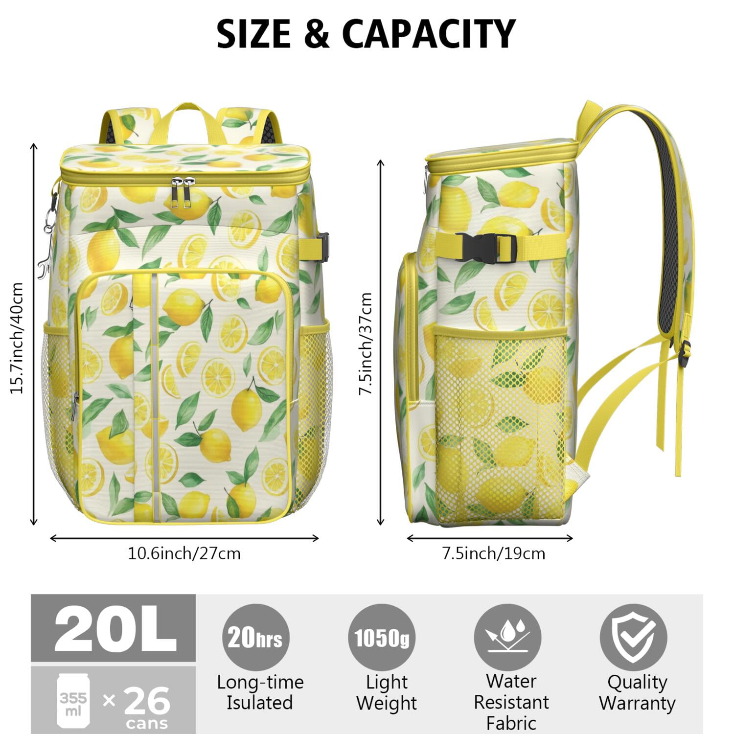 Travel Cooler Bag - Lemon Camping Beer Cooler Backpack with Bottle Opener- Waterproof Insulated Picnic Backpacks - Cooler Bag for Beach