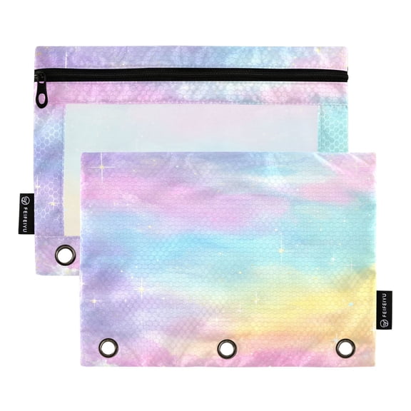2 Pack 3 Ring Binder Pouch with Clear PVC Window Water Resistant Zipper Pencil Pouch Iridescent Gold Starry Sky Binder Pocket for Classroom Office Home Stationery Organization