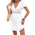 thumbnail image 2 of Women Summer Short Sleeve V Neck Dress A Line Hollow Out Lace Ruffle Casual Beach Dresses White XL, 2 of 9