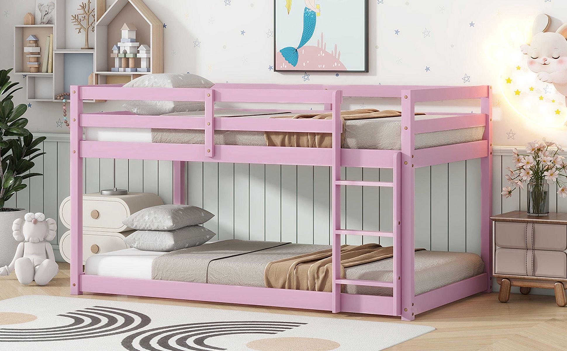 Solid Wooden, Solid Rubber Wooden Twin over Twin Floor Bunk Bed with Ladder, with Bed Platform of Strengthened Slats, Pink