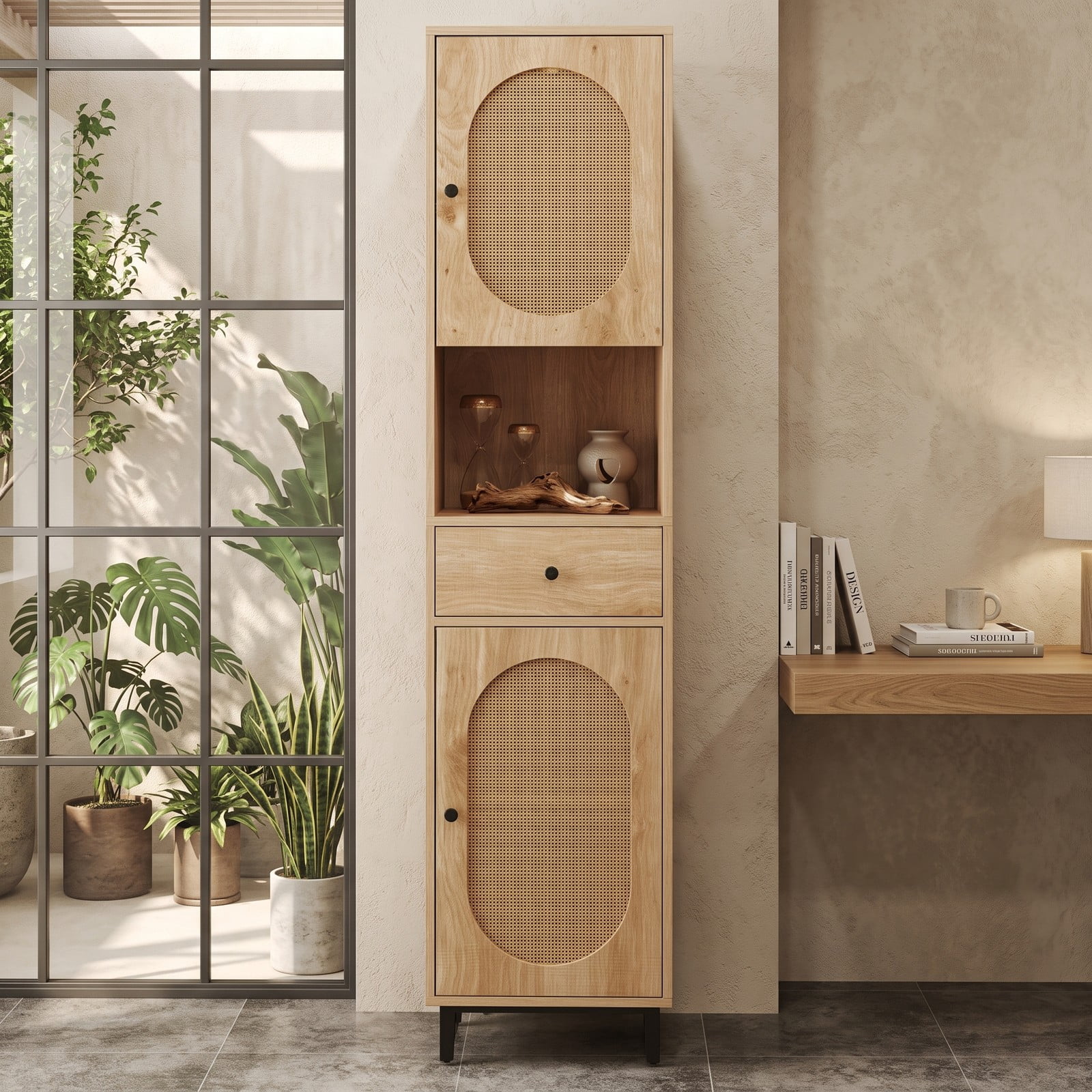 ALPULON 67 Inch Tall Bathroom Cabinet, PE Rattan Freestanding Floor Storage Cabinet with 2 Doors, 1 Drawer and Adjustable Shelves for Bathroom Living Room, Natural