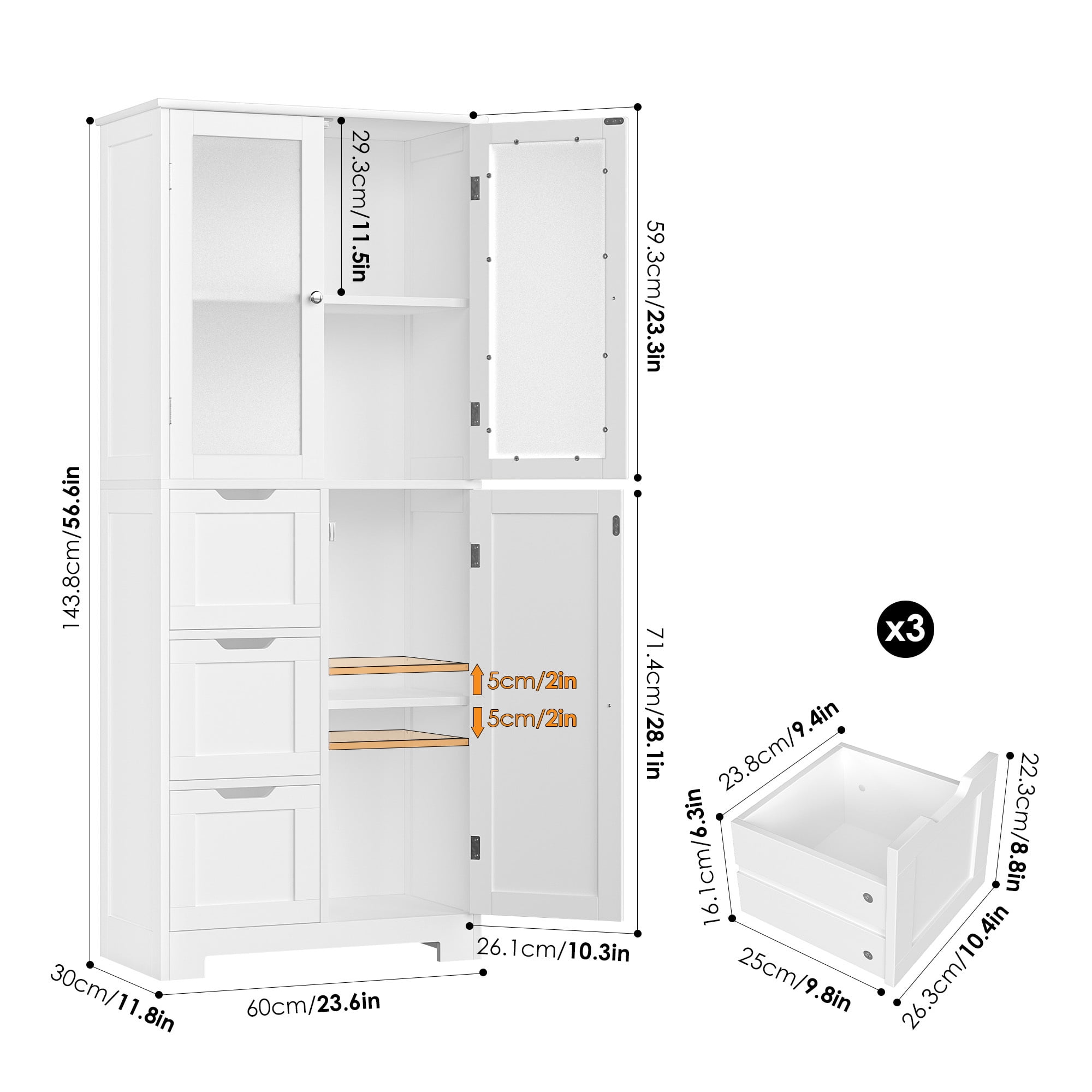 Homfa Bathroom Storage Cabinet, 56.6"H White Linen Cabinet with 3 Doors and 3 Drawers