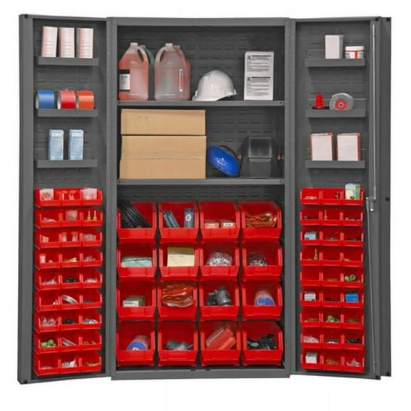 14 Gauge Lockable Cabinet with 64 Red Hook on Bins & 2 Adjustable Shelves & 6 Door Shelves, Gray - 36 x 24 x 72 in.