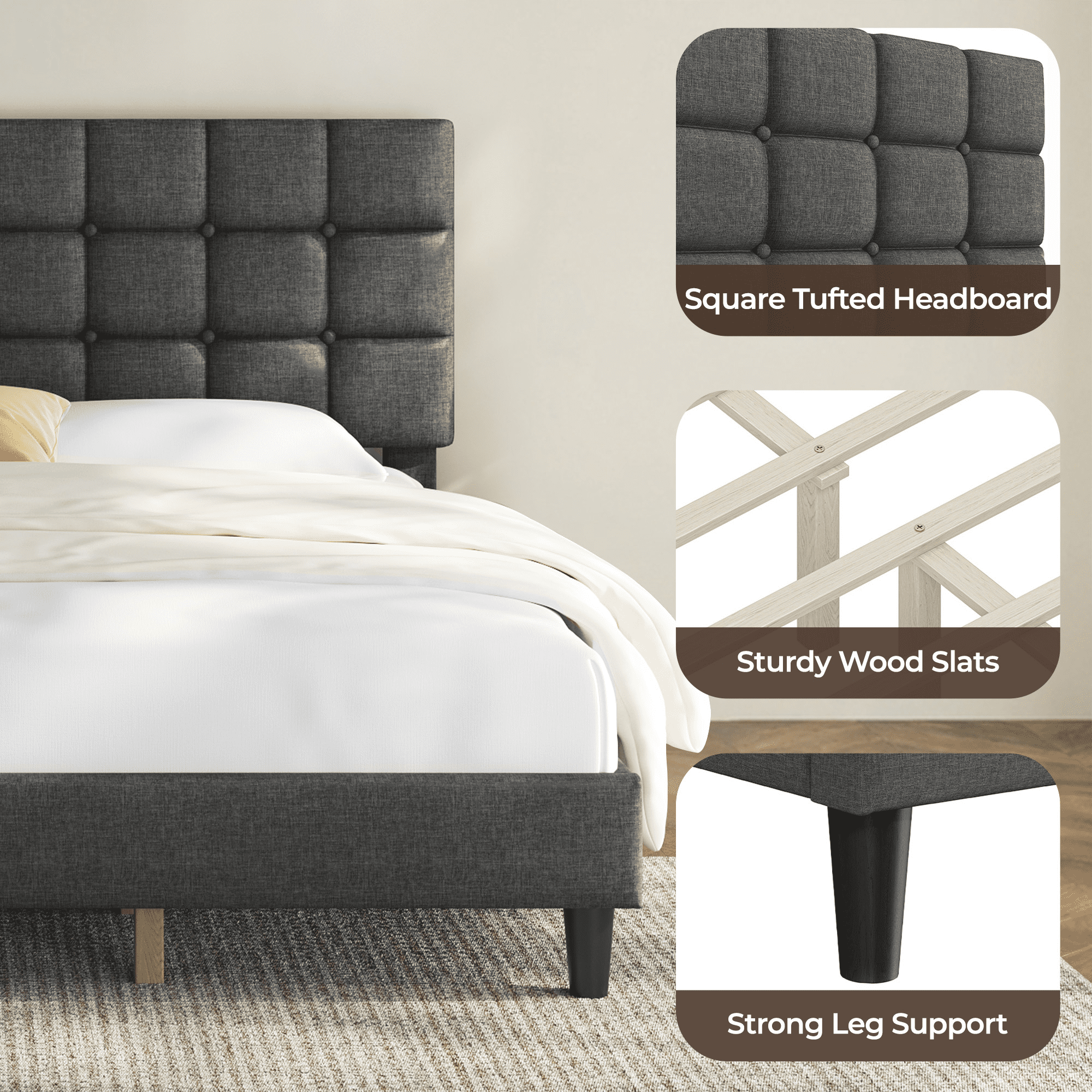 Renwick King Platform Bed Frame with Square Tufted Headboard, Dark Gray