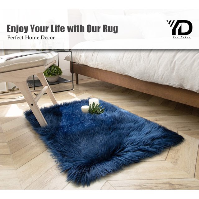 Ultra Soft Faux Sheepskin Fur Rug Navy Blue Fluffy Area Rug Shag Rug