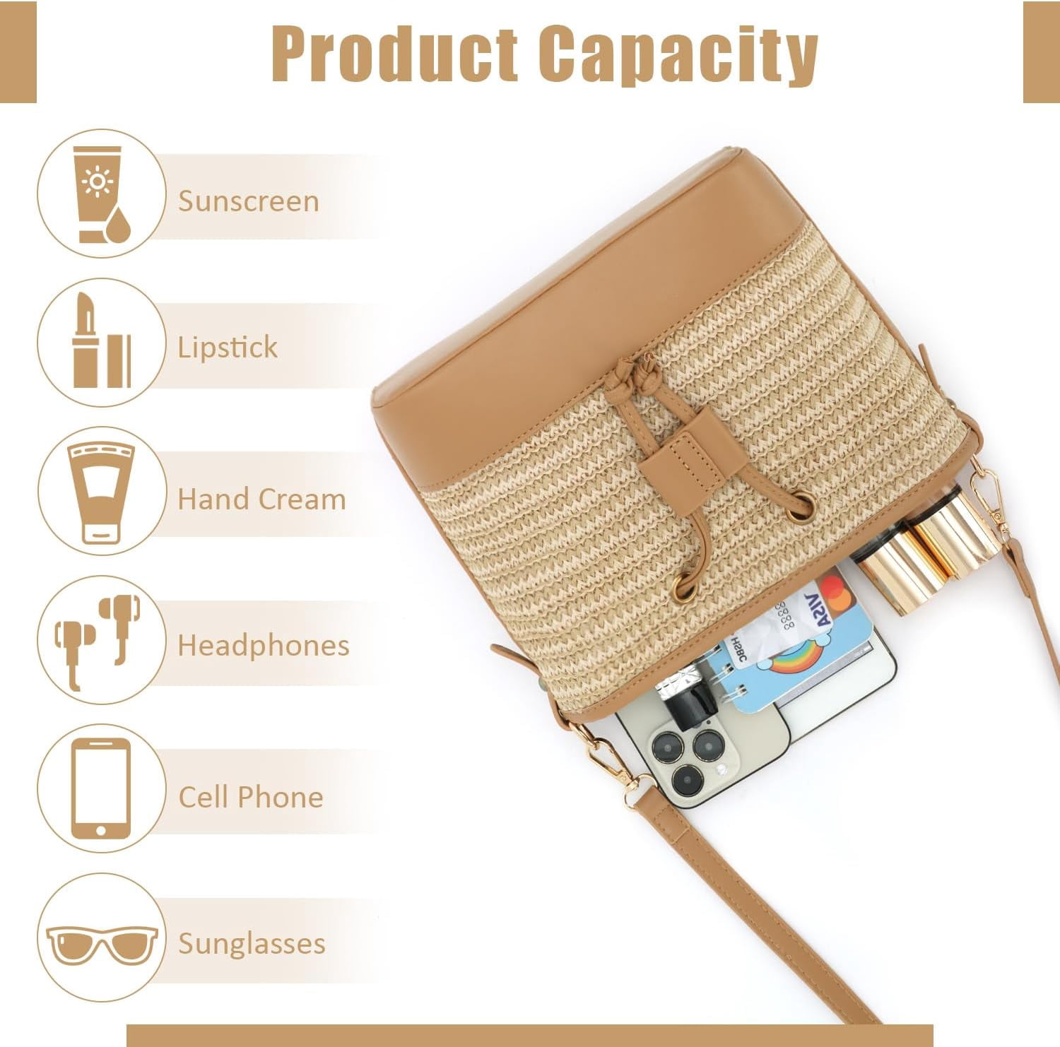 Straw Drawstring Shoulder Bag Bucket Bag for Women Summer Handwoven Beach Vacation Handbag Crossbody Bag