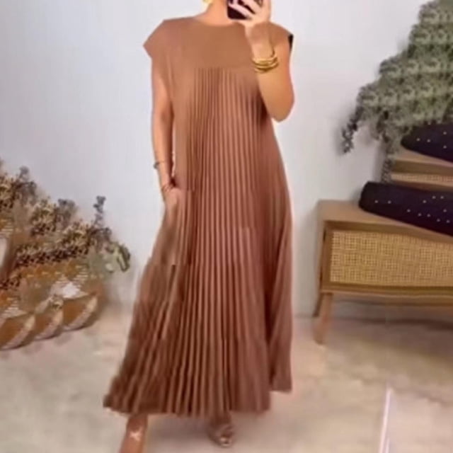 Prix Réduit, Robe Longue Plissée Sans Manches à Col Rond pour Femmes avec Poches, Robe Longue Plissée, avec Poches Style Tendance/95 % Polyester, 5 % Spandex, Marron