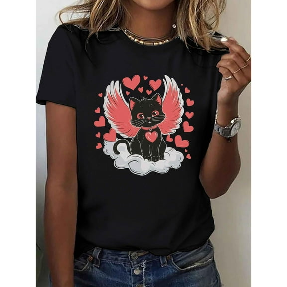 Womens Cat Graphic Tee T-Shirt Cotton Top Cute Cartoon Fashion Short Sleeve Casual Comfort Fit Black S-5XL