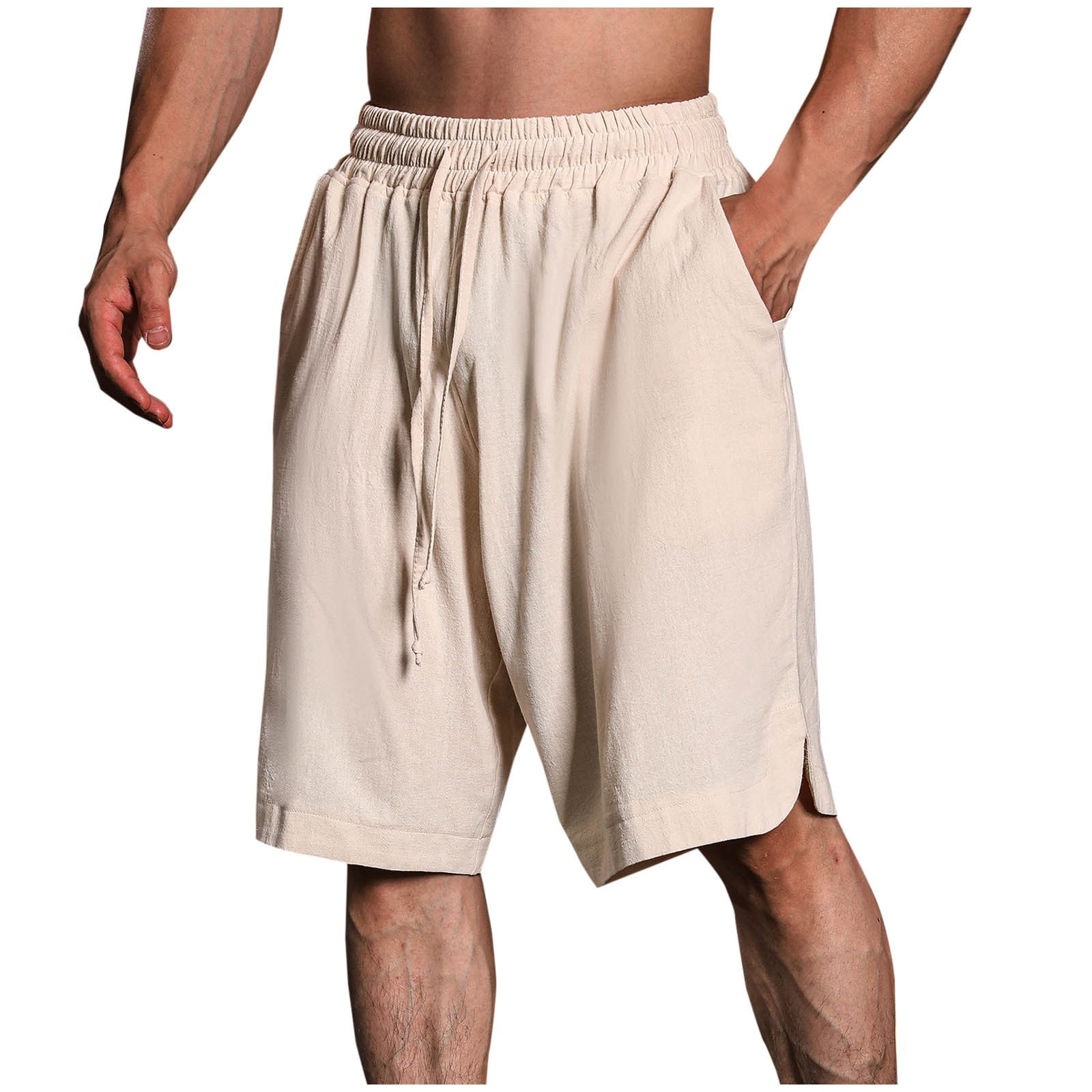 Xysaqa Men's Linen Shorts, Casual Cotton Elastic Waist Shorts for