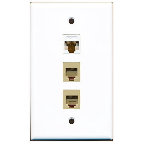 RiteAV - 2 Port Phone RJ11 RJ12 Beige and 1 Port Cat6 Ethernet White Wall Plate