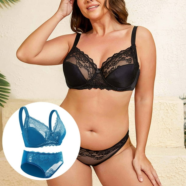 Sexy Lingerie for Women,2 Piece Lace Lingerie Set,Underwire Ribbed Bra  Panty Sets - Lake blue