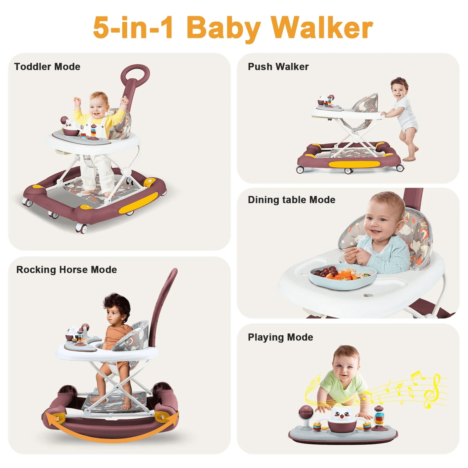 JieC 6-in-1Foldable Push Walker with Musical Activity Station for 6-24 Months for Boys Girls Babies 6-36 Months,Red