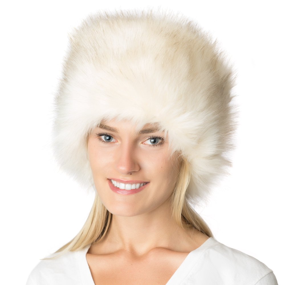 Faux Fox Fur Russian Pillbox Cossack Hat Natural Polar White