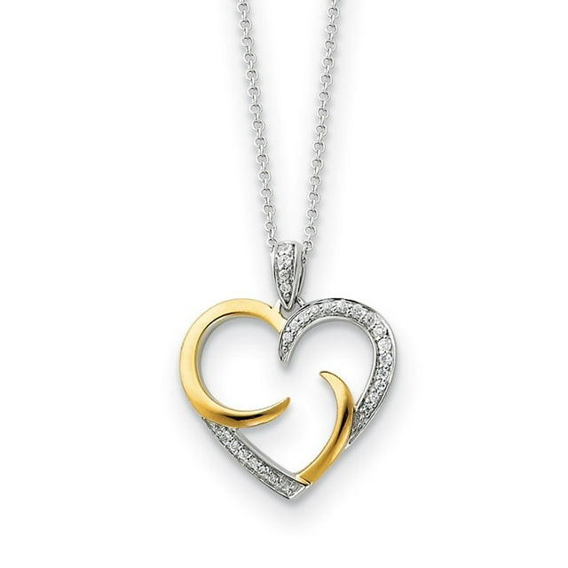 Polished Spring Ring Silver Accent gold plating with CZ Cubic Zirconia Simulated Diamond Love Heart Necklace 18 Inch Jew