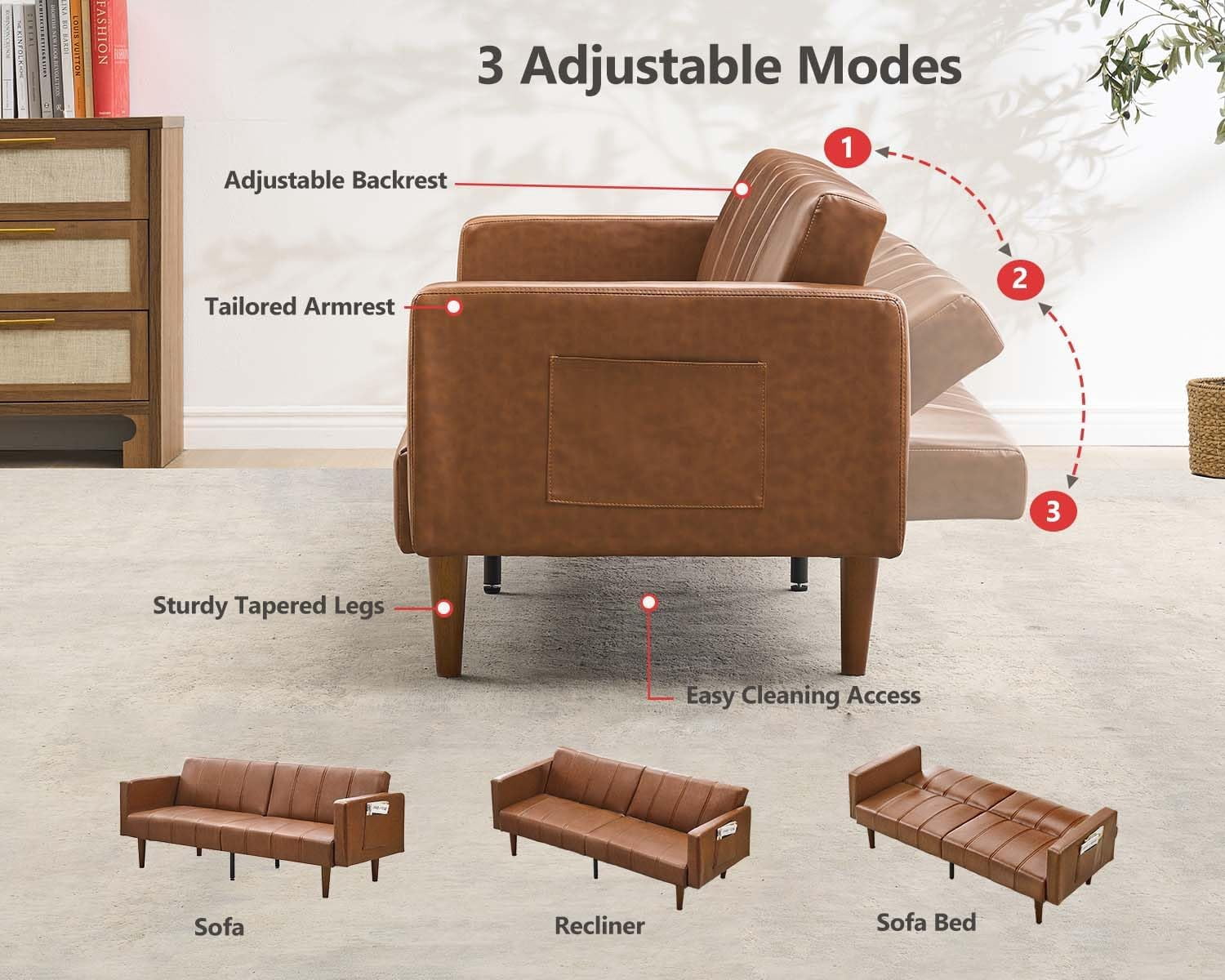 75 in Futon Sofa Bed - Convertible Sleeper Sofa with Adjustable Backrest - Loveseat Small Sofa Bed with Side Pockets - Mid Century Modern Futon Couch - Brown PU Leather Couch for Living Room