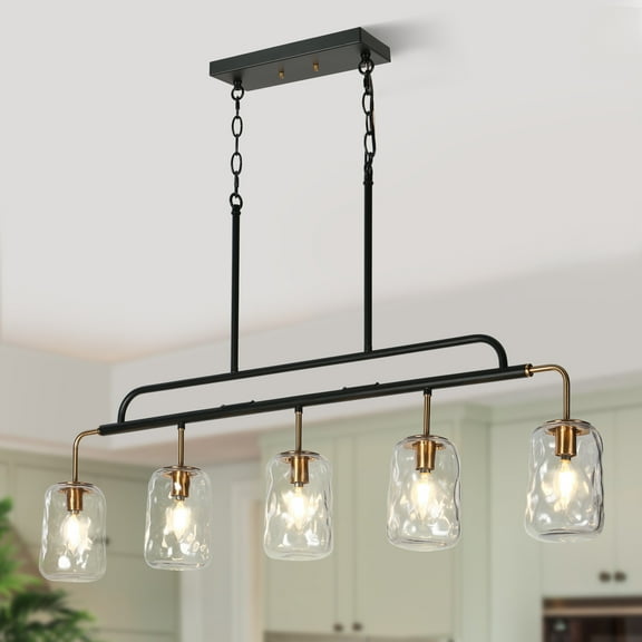 LNC Black & Gold 5-Light Linear Chandelier with Ripple Glasss, for Kitchen Island