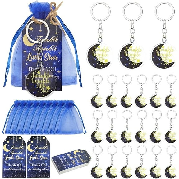 Serencatcher Twinkle Twinkle Little Star Party Favors, 72pcs Over The Moon Baby Shower Decorations Navy Blue Moon Star Keychains Thank You Tags Organza Bags for He or She Gender Reveal Party