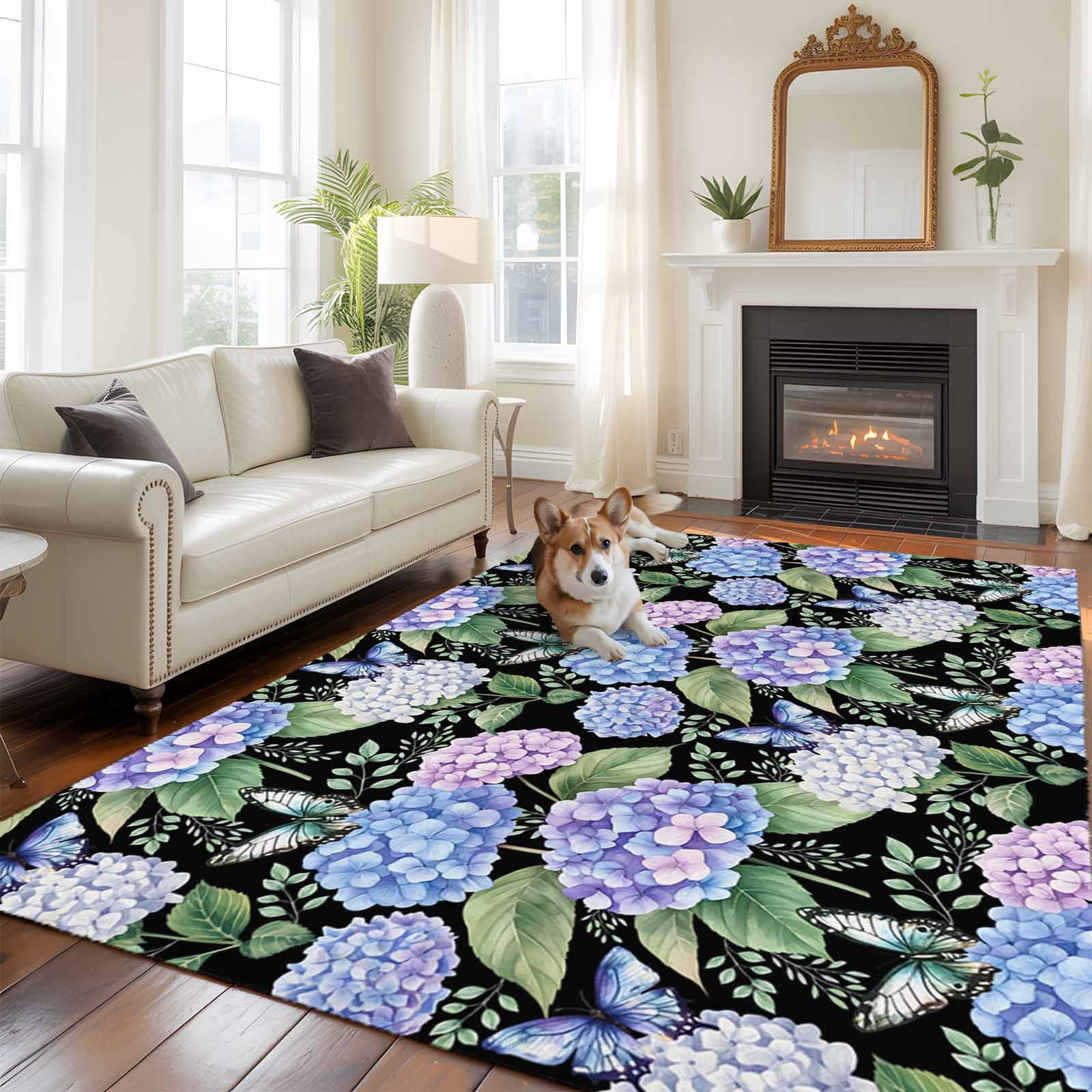Purple Hydrangea Area Rugs 5'x7', Washable Small Throw Rugs for Laundry Room Playroom, Spring Floral Elegant Pastoral Flowers Indoor Outdoor Rug Non-Slip Low Pile Carpet Runner Reversible Floor Mats