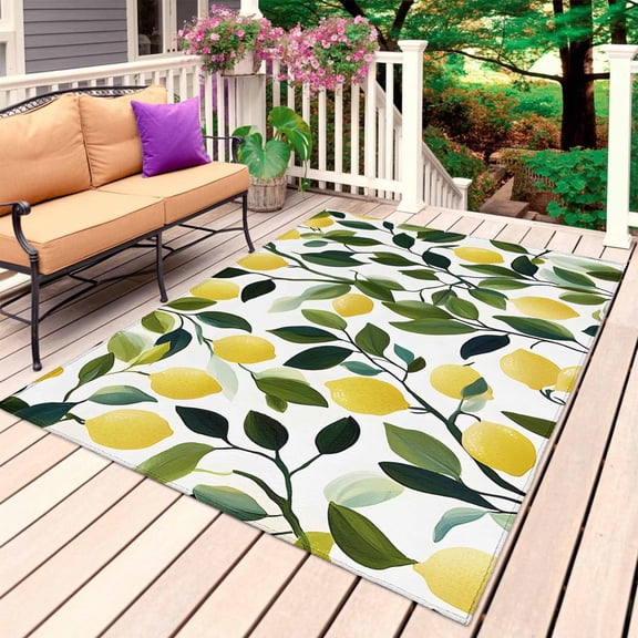 Summer Lemon Outdoor Rug for Patio/Deck/Porch, Non-Slip Large Area Rug 5 x 8 Ft, Yellow Fruits Pastoral Green Botanical Indoor Outdoor Rugs Washable Area Rugs, Reversible Camping Rug Carpet Runner
