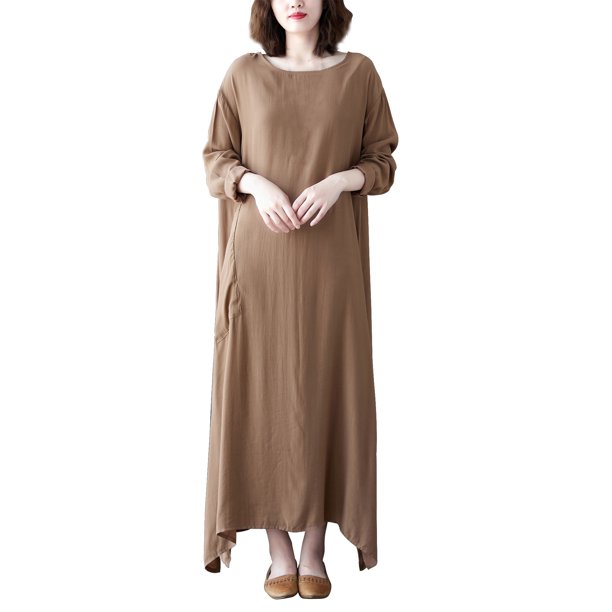 Vestido suelto de mujer Vestido maxi con bolsillo Manga larga Cuello redondo Vestido casual sól Abanopi Vestido