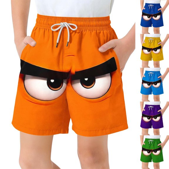 Eltusu Boys Board Shorts, Relaxed Fit Summer Funny Elastic Waist Swim Trunks with Pockets Orange Size 8T