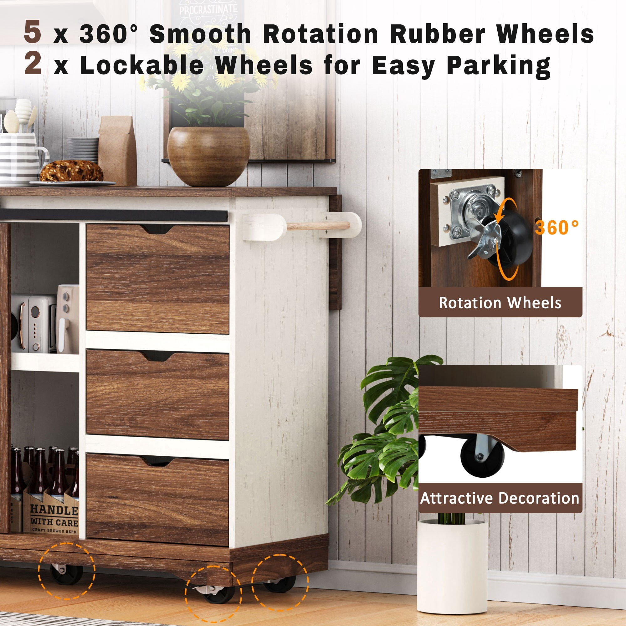 AENKYO 47.2'' Farmhouse Kitchen Island with Charging Station, Drop Leaf, Rolling Cart with Drawers, Rustic Brown and White