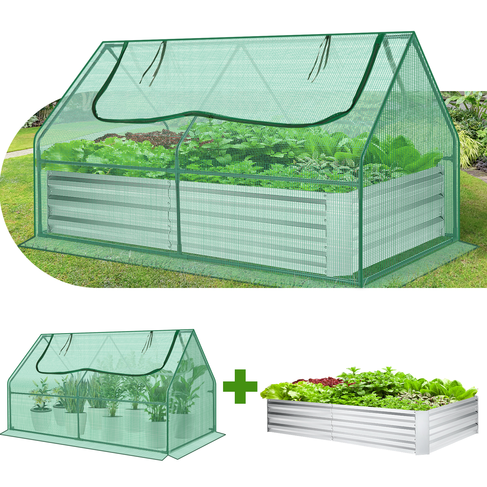 Funcid Galvanized Raised Garden Bed with Cover, Outdoor Metal Planter Box 2 Roll-up Windows Mini Greenhouse for Growing Flowers Fruits Vegetables and Herbs, 6x3x3ft(Green)