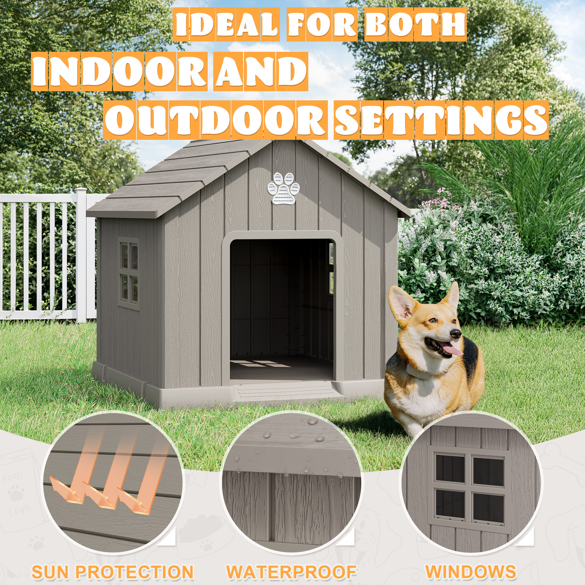 LHBcraft Dog House,Weatherproof Resin Shelter with Air Vents and Elevated Floor for Small-Medium Dogs,Dog kennel for Indoor&Outdoor,Gray,32.3" L x 29.9" W x 32.5" H