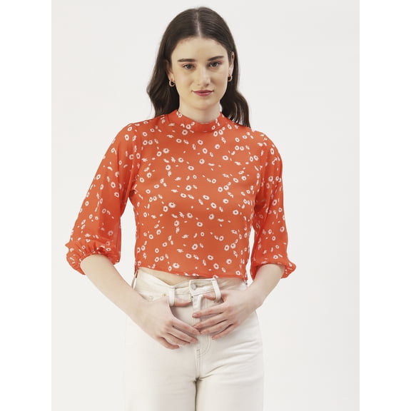 DressBerry Women's Printed Poly Georgette High Neck Crop Top 3/4th Puffed Sleeves Buttoned Back Closure Casual Summer Wear High Waist Short Regular Blouse