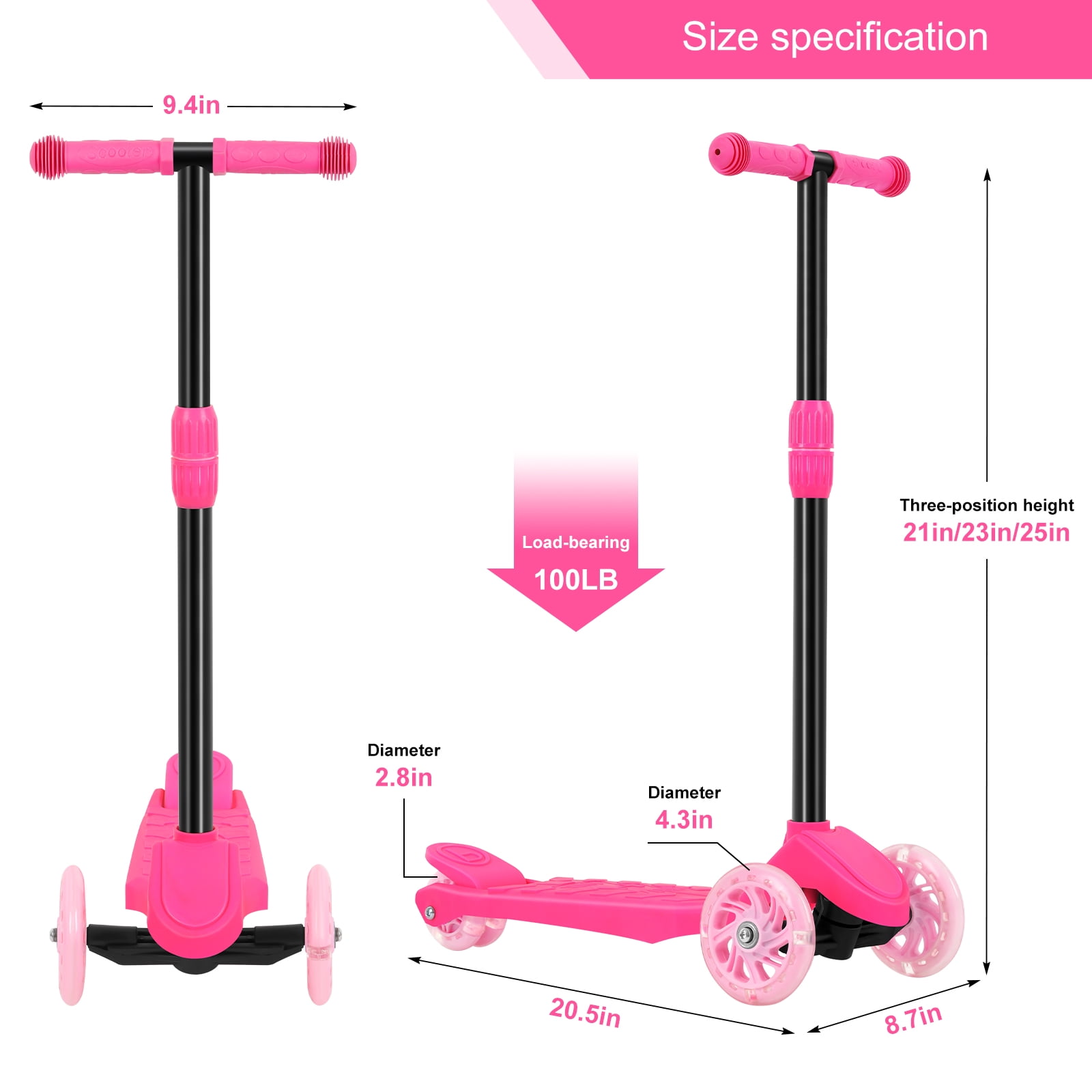 Kids Kick Scooter with Adjustable Height and Light Up Wheels, Pink
