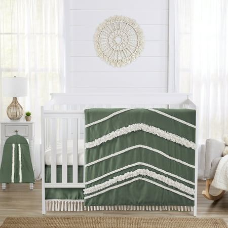 UPC: 0846480097013 | Boho Fringe Dark Green and Ivory 4 Piece Linen Blend and Cotton Crib Bedding Set by Sweet Jojo Designs
