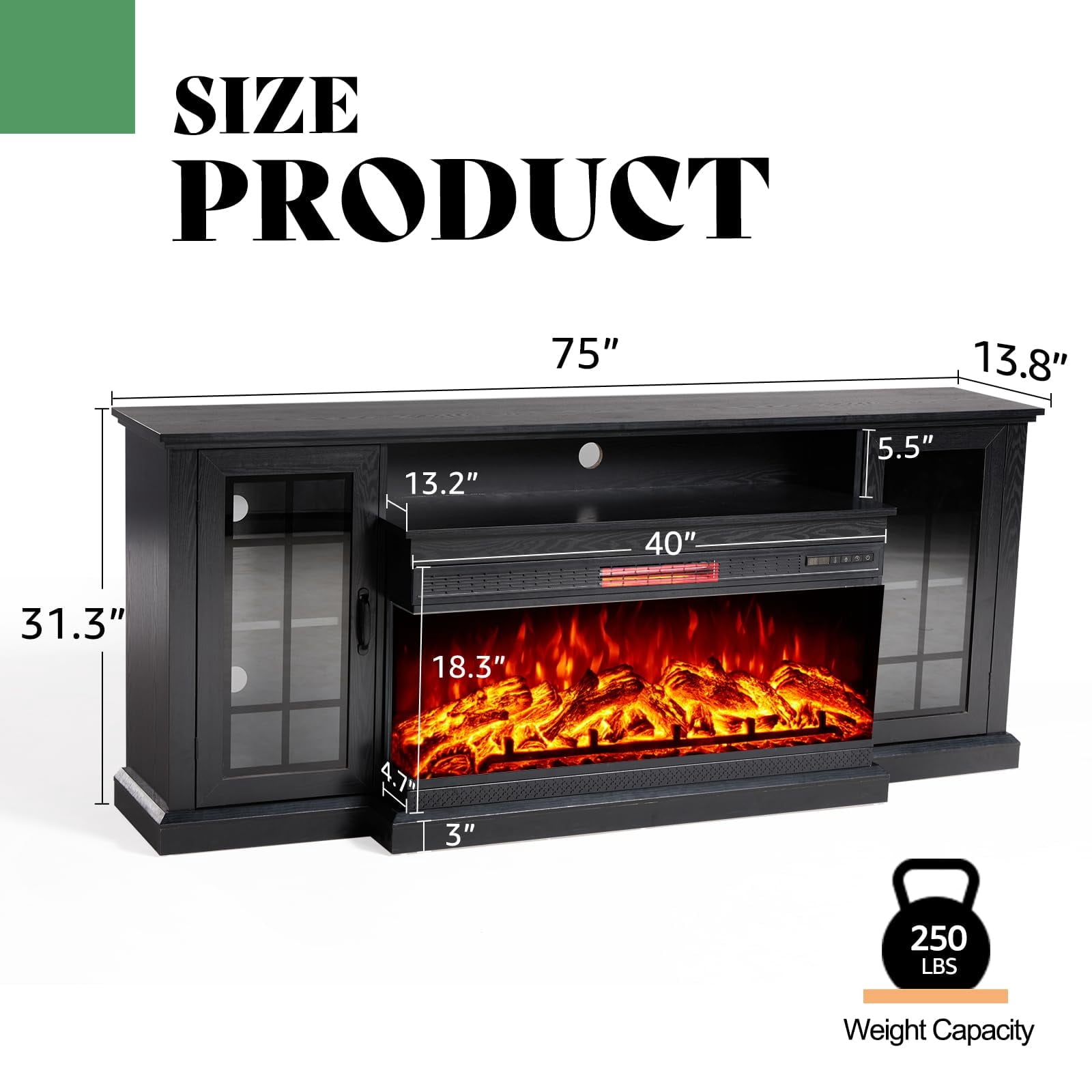 VANACC 75in 3-Sided Glass Fireplace TV Stand for TVs up to 85", Black