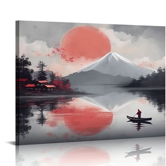 ALEPADNF Japanese Wall Art For Bedroom Pink Wall Decor Cherry Blossom Wall Art Japanese Ink Painting Wall Art Mount Fuji Moon Lake Modern Black And Red Landscape Artwork Ready To Hang 20x16in