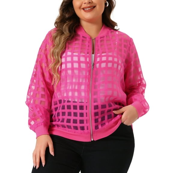 DARING DIVA Stylish Plus Size Mesh Sheer Zip Up Bomber Jacket 1X Hot Pink