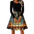 thumbnail image 5 of Women's Casual Dress Long Sleeve Round Neck New Year Printed Vintage Loose Fit Midi Dress for Spring Fall Holiday,Turquoise,XL, 5 of 6