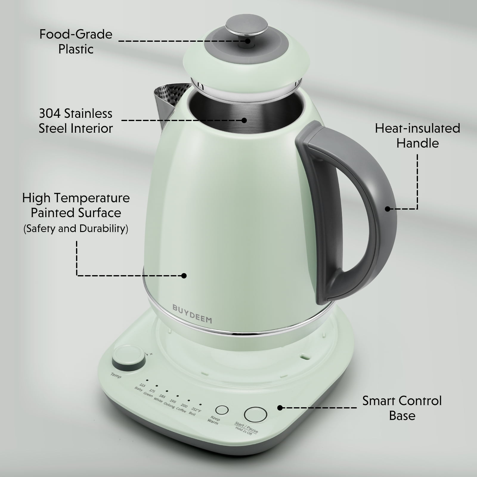 BUYDEEM K740 Electric Kettle with Temperature Control, 12H Keep Warm, Quick Boil, Stainless Steel Hot Water Boiler for Tea Coffee Milk, 1.7L, Cozy Greenish