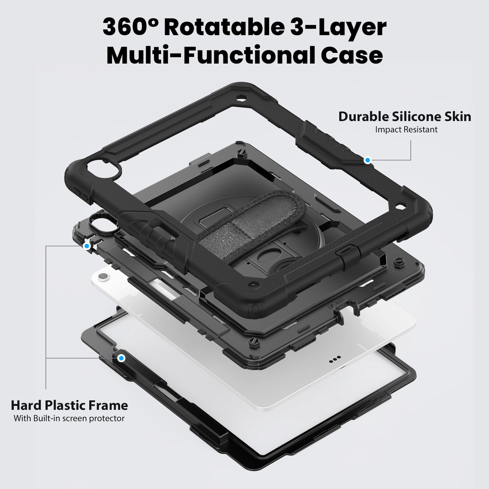 Allytechgroup iPad Pro 13 2024 Case with Screen Protector / Shoulder Strap/ Pencil Holder, Heavy Duty Shockproof Rugged Handle Kickstand Bumper Case Cover for Apple iPad Pro 13 Inch 2024 M4,Black